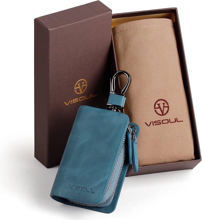 VISOUL Car Key Case Holder Double Zipper, Leather Car Smart Key Fob Case with Keychain for Men and Women