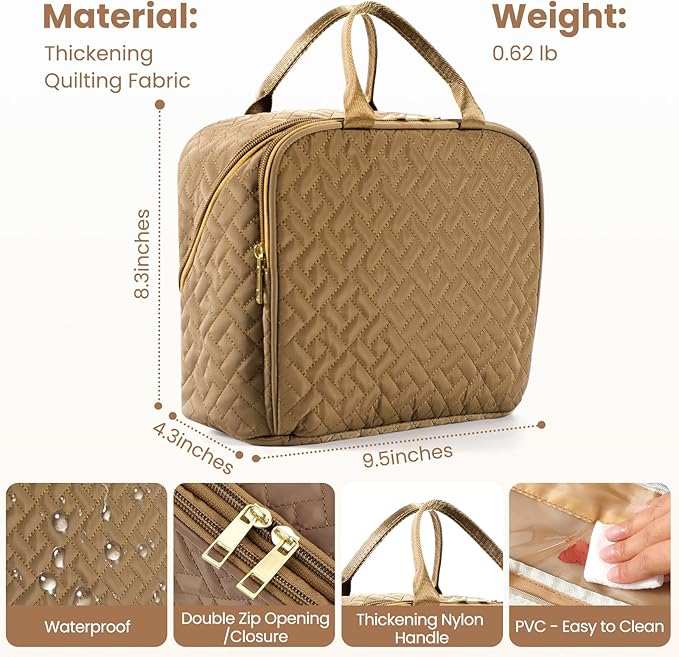 Makeup Bag, Large Capacity with Room for Brushes and Mirror, Travel Makeup Organizer, Portable Standing Make Up Case, Waterproof Cosmetic Toiletry Bags with Handle, Color Brown