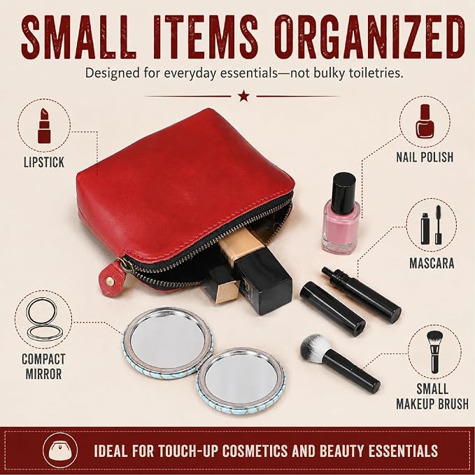 Full Grain Leather Cosmetic Bag – Zippered Makeup Pouch for Women, Small Travel Toiletry & Organizer Pouch for Purse, Premium Handmade Leather (5 × 4 × 2.5 in)