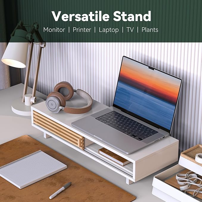 Monitor Stand with Sliding Bamboo Doors, 25 Inch Heavy Duty Wood Computer Monitor Riser, Ergonomic Desk Organizer with Storage & Keyboard Tray, Natural & white