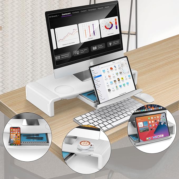 AboveTEK Monitor Stand Riser, Foldable Computer Monitor Riser with Drawer, Height Adjustable Computer Monitor Stands and Risers, Phone Stand for PC, Desktop, Laptop, Printer Save Space (White)