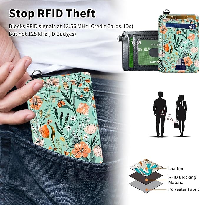 Slim Minimalist Front Pocket Wallet,Credit Card Holder Wallet for Women Men,RFID Blocking Credit Card Holder Case Leather Cute Small Thin Wallet ID Window&Wrist Strap,Floral Plant Green