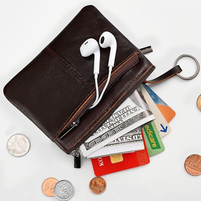 Dark Brown Genuine Leather Multi-Functional Wallet - Compact Card Holder, Coin Purse & Key Organizer with 3 Zippers, Built-in Key Ring, Perfect for Travel, Work & Daily Use