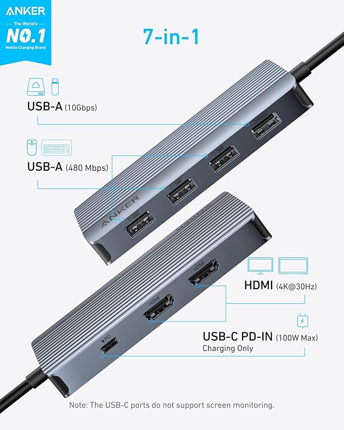 Anker 7-in-1 USB-C Hub, Dual Monitor USB C Docking Station, Dual HDMI Display, 85W Max Output, 10Gbps Data Transfers for Dell XPS, ThinkPad T14 Gen2 and More