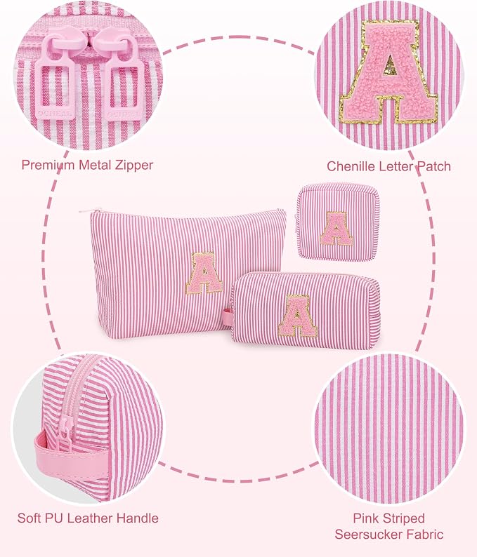 MONSTINA Personalized Initial Makeup Case for Women,Make Up Case for Girlfriend Bridesmaid Wife,Birthday Gift for Her Cute Toiletry Bag,3PCS,Pink L