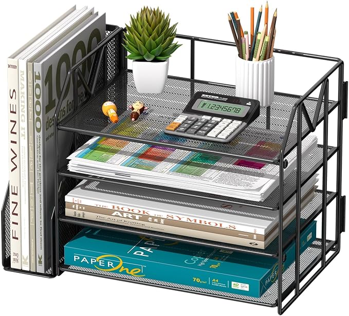 4-Tier Paper File Organizer with Bookend, Metal Desk Organizer, Tiered Paper Tray for Letter/A4 Files, Desktop Office Supplies Storage Rack for Home Office, Classroom, School & Work, Black