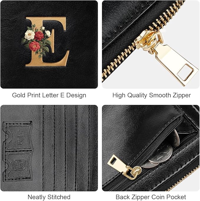 Passport Holder Cover Wallet with Zipper Personalized Initial Letter E Rose Flower RFID Blocking Travel Wallets Credit Cards Holder for Women, Gift for Wife and Girlfriend,E