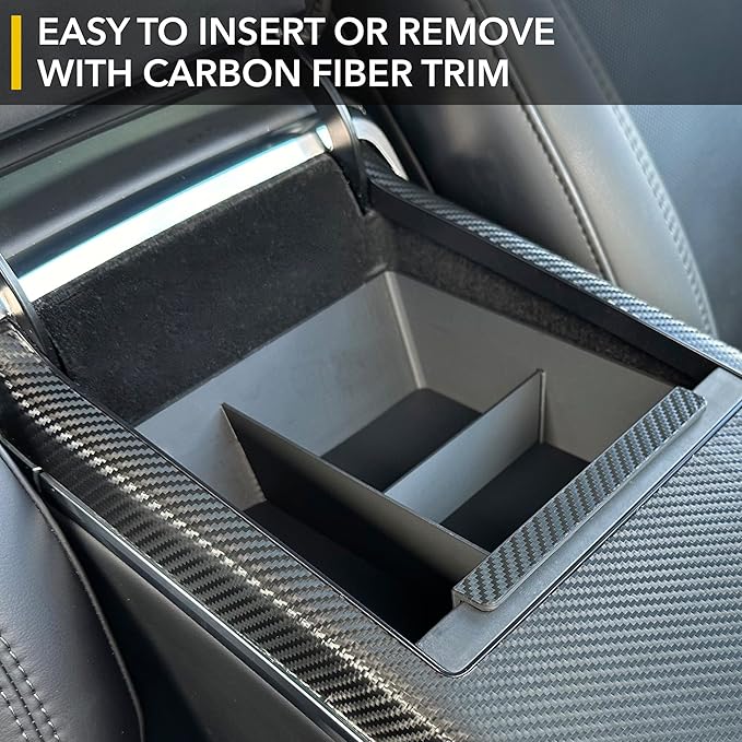 TWRAPS Center Console Organizer for Tesla Model X and Tesla Model S, Carbon Fiber Detail Armrest Storage Tray, Premium Faux Leather Inserts, Accessories Fit Model S/X 2021-2026 (Black)