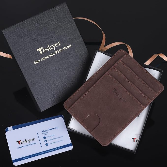 Teskyer Slim Wallet for Men, Minimalist Front Pocket RFID Blocking Leather Wallet Credit Card Holder for Men & Women