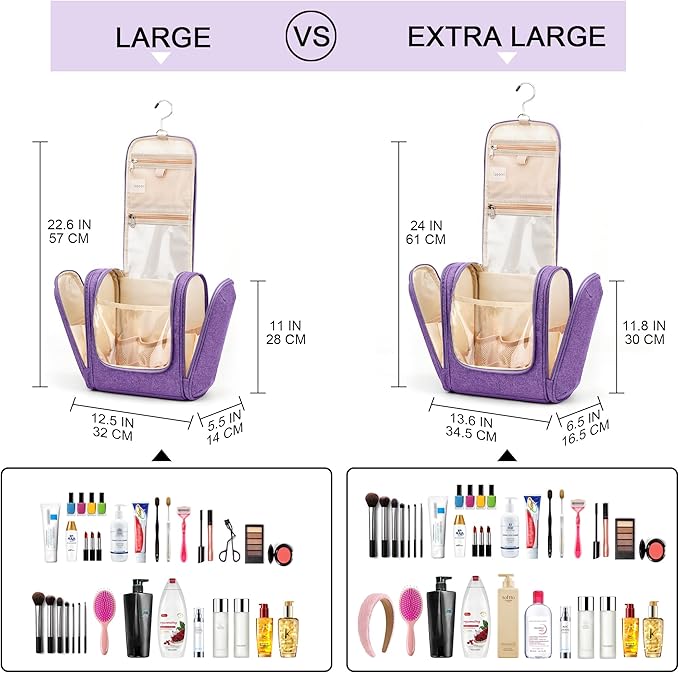 COOSKY Hanging Travel Toiletry Bag for Women and Men, 6 Organizer Compartments, Large Toiletries essentials, Bathroom Cosmetic Accessories, Water-resistant Makeup Bag, Holds Full-Size Shampoo, Purple