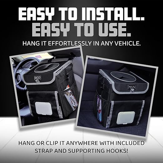 Eco Hygieia Leakproof Car Trash Can - Portable Hanging Car Garbage Can with Adjustable Elastic Strap, Wipes & Tissue Box Holder, Spillproof Opening, Mesh Pockets, Waterproof Lining