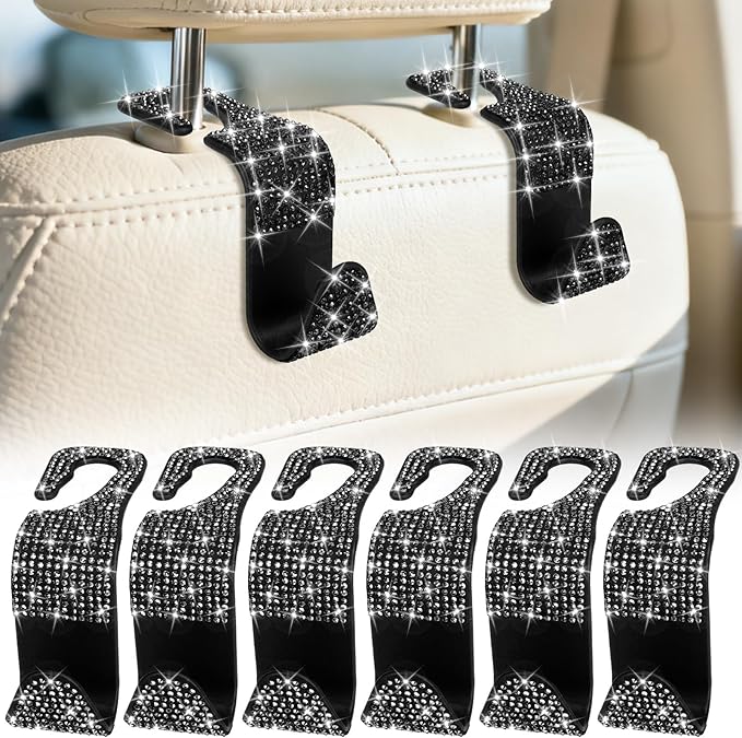 BFXM 6 Pack Bling Car Seat Headrest Hooks, Rhinestone Purse Hook for Car, Universal Storage Organizer for Handbag Grocery Bags Coats, Bling Car Accessories for Women (Bling Black)