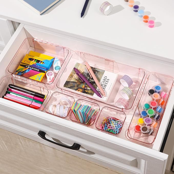 20 Pcs Adjustable Clear Drawer Organizer, Extendable Vanity Storage Bins, Desk Drawer Organizer Set for Makeup, Cosmetics, Bedroom, and Gadgets, Pink