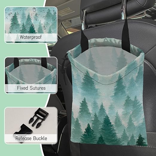 Foggy Forest Car Garbage Bag,Watercolor Forest Waterproof Small Car Trash Bag Hanging Back of Seat,Drawstring Hanging Car Trash Bag with Adjustable Buckle for Car Accessories
