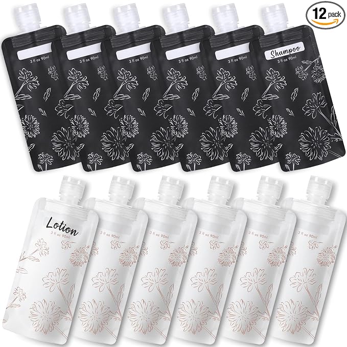 PACKISM 12 Pack Travel Pouches for Toiletries - 3 oz Leak Proof TSA Approved Liquid Containers, Squeeze Bags for Shampoo Lotion, Space Saving Refillable Carriers, Black Beige Chamomile