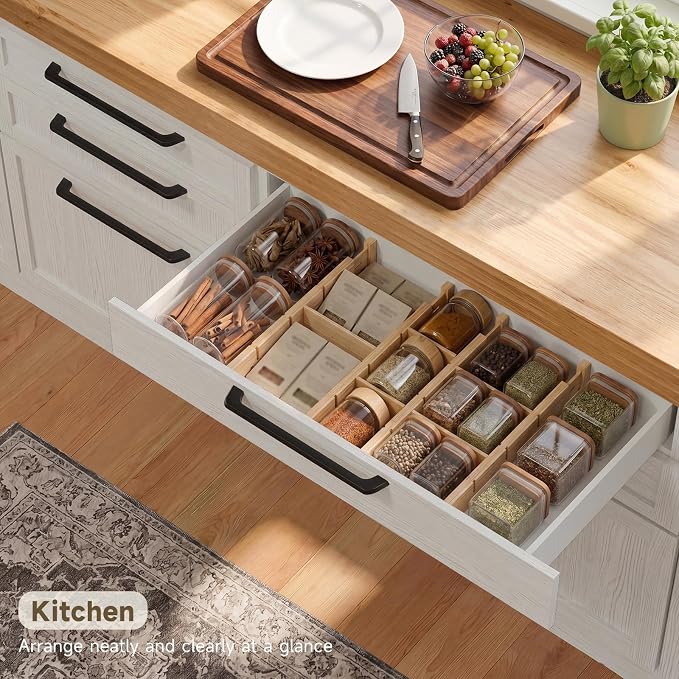 Bamboo Drawer Dividers, Expandable Kitchen Drawer Organizer, Include 4 Dividers, 4 Small Inserts and 4 Medium Inserts for Home, Office, Dressers