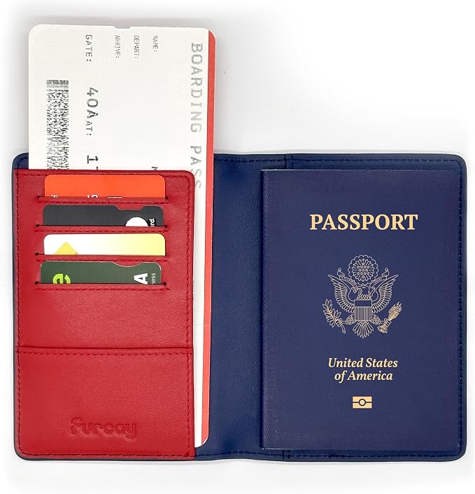 Slim Nappa Leather RFID blocking Passport Cover for Men and Women (Blue/Red)