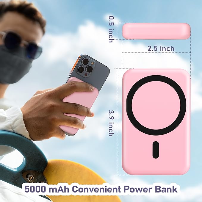3 in 1 Wireless Charging Station: 5000mAh Removable Power Bank Charger Stand for Phone/Watch/Air Pods - Portable Magnetic Battery Pack for Air 17 16 15 14 13 12 Series Pink
