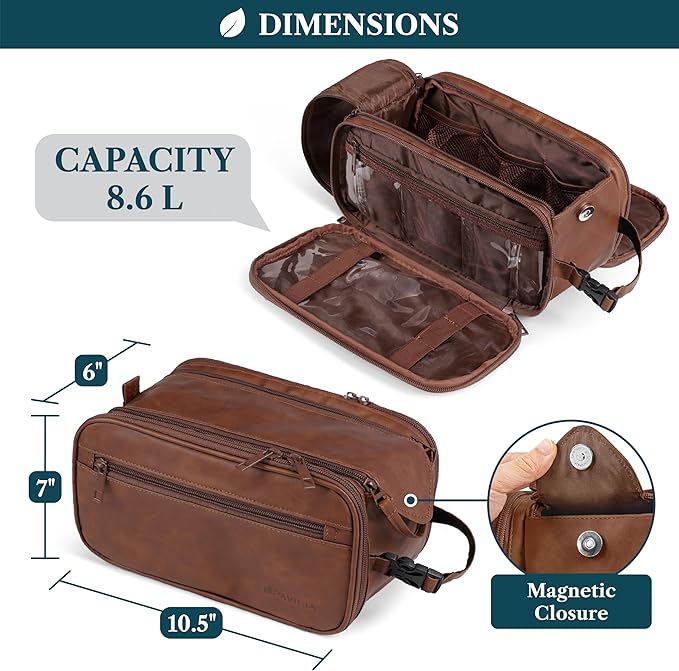 PAVILIA Toiletry Bag for Men, Hanging Travel Dopp Kit Organizer, PU Leather Water Resistant Bathroom Bag for Shaving Grooming, Large Capacity Cosmetic Bag Travel Essentials, Brown