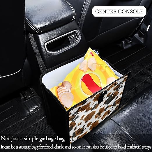 Brown Cow Print Car Trash Can, Black White Animal Skin Foldable Hanging Car Trash Bag, Small Waterproof Car Accessories Garbage Bin