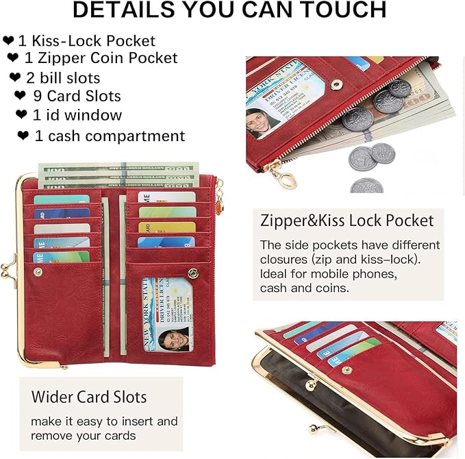 Vintage Wallets for Women Large Bifold Kiss Lock Wallet for Women Leather Zip Clutch Coin Purse
