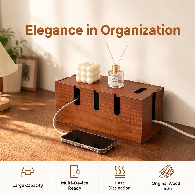 Wood Cable Management Box, Power Strip Cord Organizer Box, for Electrical Hiding Cord Management, Desk Cable Storage Box for Home Office