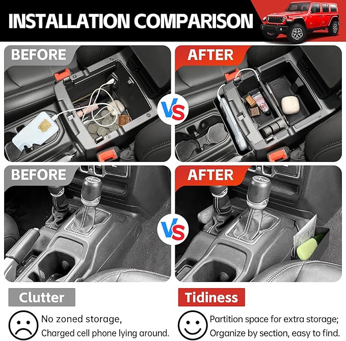 Center Console Gear Shift Organizer Fit for 2018-2025 Jeep Wrangler JL JLU 4XE/Gladiator JT Center Console Armrest Storage Hanging Tray for Wrangler&Gladiator(3-piece Center Console Organizer)