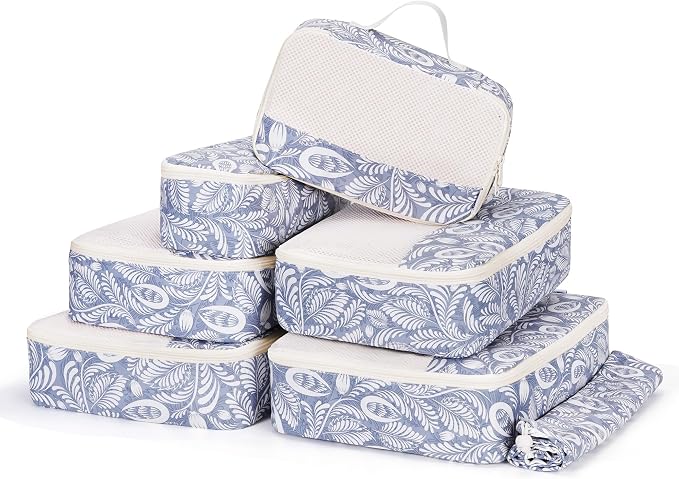 Narwey 7 Set Packing Cubes for Travel, Durable Packing Organizers for Kids Women Men, Carry on Luggage Travel Essentials Accessories (Blue Leaf)