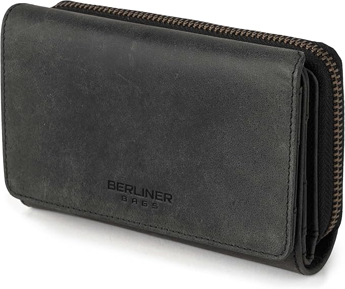 BERLINER BAGS Vintage Genuine Leather Wallet Vienna, RFID Blocking Credit Card Holder, Trifold Clutch Purses, Zip Around Womens Wallet for 19 cards, ID window, Bills, Coins - Dark Grey