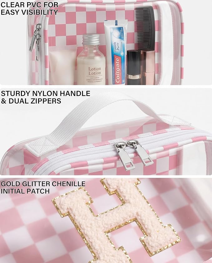 Initial Makeup Bag for Girls Kids|Sunscreen Cosmetic Bag |Travel Toiletry Bag |Gift for Teacher Teen Girls Girlfriend Bridal Shower |Birthday Gift for Kids|15 14 13 Year Old Girl Gifts(H,Pink&Beige)