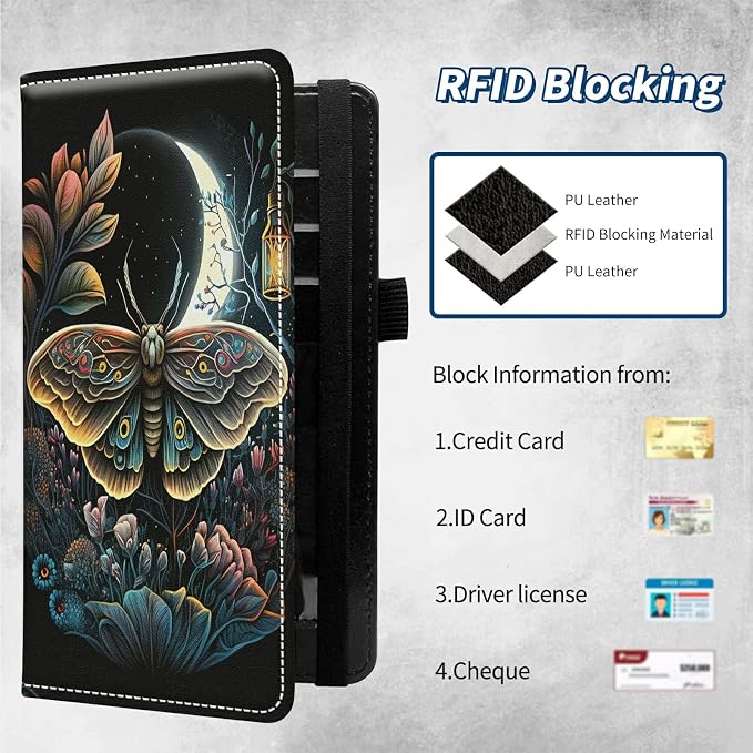 Checkbook Covers for Personal Checkbook Duplicate Checks RFID Blocking Checkbook Cover for Women Men with Elastic Strap Card Slots Pen Holder - Moth Moon Flower Floral