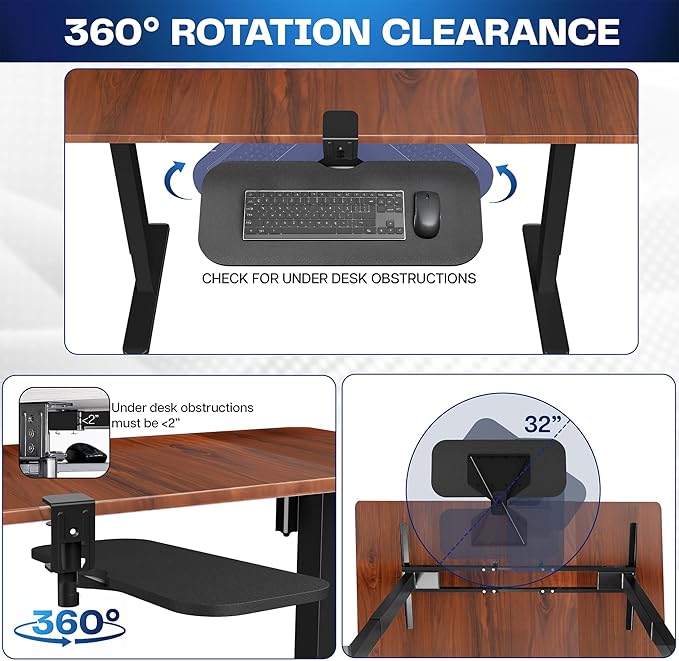 VIVO Clamp-on 23 x 10 inch Rotating Computer Keyboard and Mouse Tray, Extra Sturdy Desk Swivel Clamp, Ergonomic Typing, Black, MOUNT-KB04CB