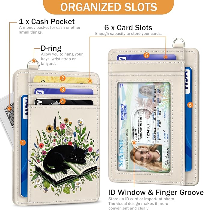 Yonlevres Credit Card Holder Slim Wallet, Floral Cat RFID Wallet Women Front Pocket Small Card Holder, Travel Cute Funny Thin RFID Blocking Case Organizer ID Window PU Leather Gifts