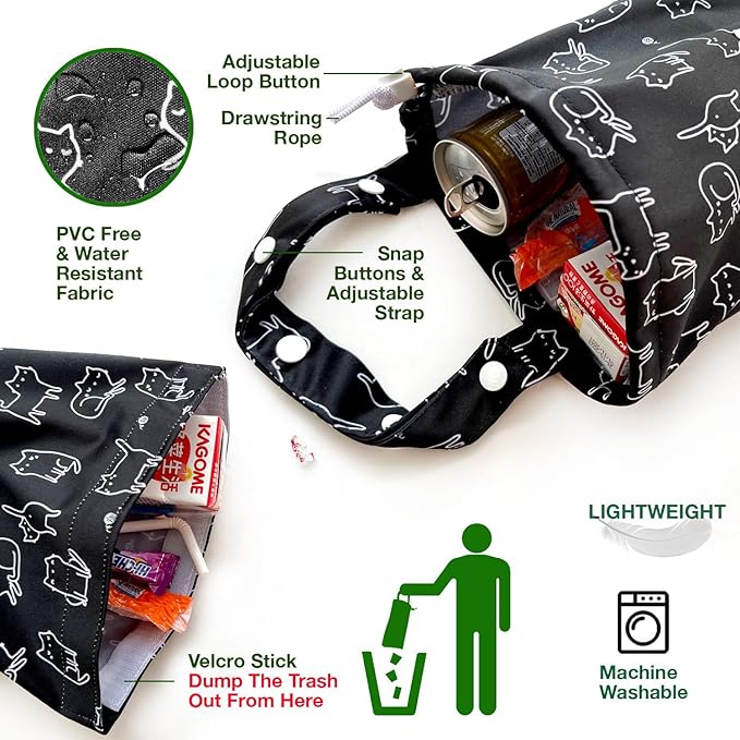 Waterproof Car Trash Bag Reusable Portable Garbage Can with Drawstring Top Adjustable Hanging Strap Leakproof & Washable for Cars SUVs & Trucks (Black Cats)