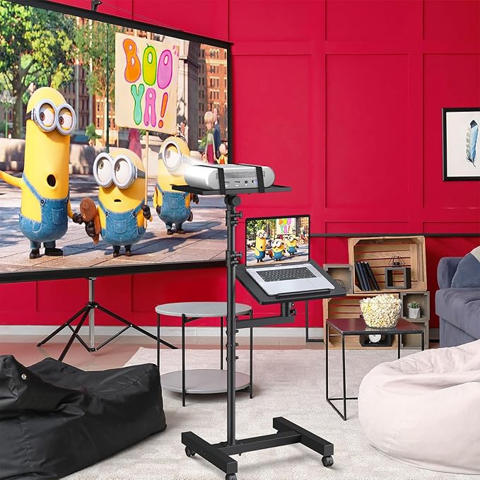 Projector Stand Tripod: 2 Shelves Mobile Laptop Cart Adjustable Height 45 to 64 Inches, Rolling Laptop Stand Cart with Ventilated Tray, Projector Tripod Stand on Wheels for Couch, Bedside, Meeting