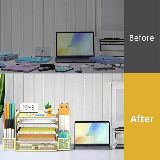 SUPEASY Mesh Desk Organizer with File Holder, 5-Tier Paper Letter Tray Organizer with Magazine Holder, Desktop Organizer and Storage with Drawer for Office Supplies Home or School (Golden)