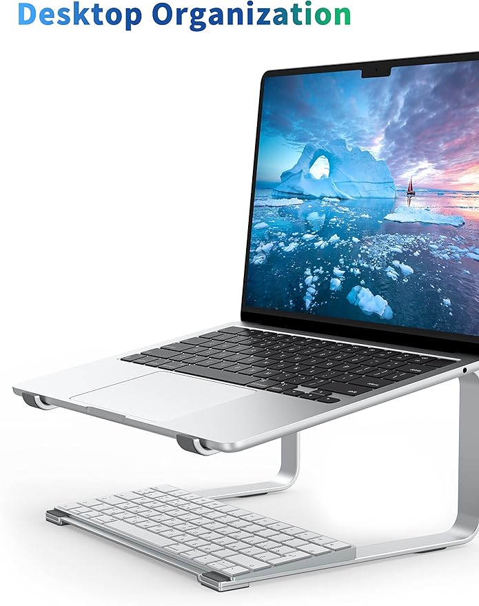 SOUNDANCE Laptop Stand for Desk, Ergonomic Metal Computer Riser for 12-17.3 Inch Laptops, Heavy Duty Stable Desktop Holder, Improves Eye Level & Workspace Organization, Silver