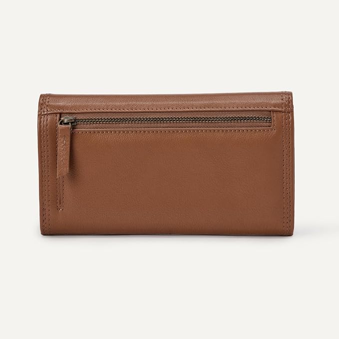 Amazon Essentials Women's Long Flap Continental Leather Wallet with Snap Closure, Tan, One Size