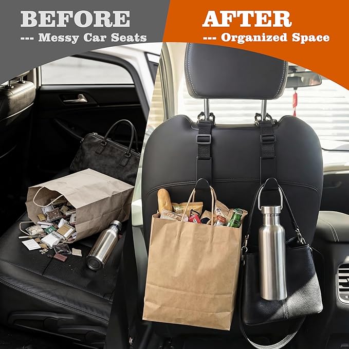 Amooca Car Headrest Hooks 4 Pack Adjustable Universal Fit Auto Seat Back Organizer Storage Hanger Purse Bags Holder with Clip Black