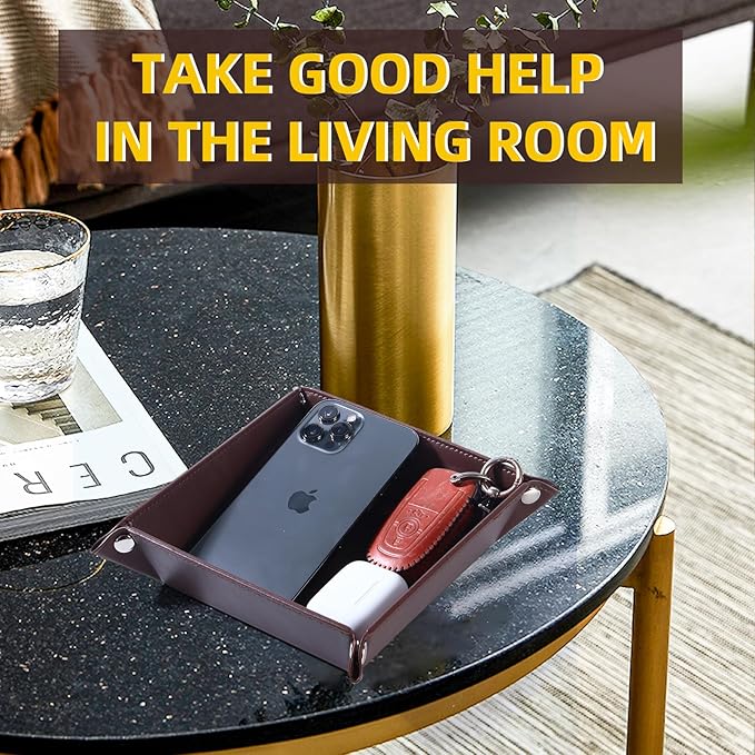 Valet Tray for Men Women - PU Leather Travel Catchall Tray Organizer - Desk Bedside Nightstand Storage Box for Jewelry Key Phone Remote Controller Wallet Watch Glasses Coin Readers - Square