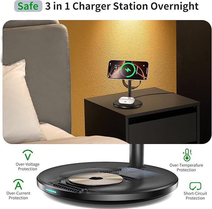 3 in 1 Wireless Charging Station for Apple Devices with MagSafe Charger, Wireless Charger Station for iPhone 17/16/15/14/13/12 Pro Max Air Plus Mini,Wireless Charging for iWatch&AirPods(20W Adapter)
