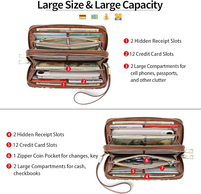 GAEKEAO Wallet for Women Clutch RFID Blocking Wristlet Leather Purse Large Capacity Credit Card Holder with Grip Hand Strap