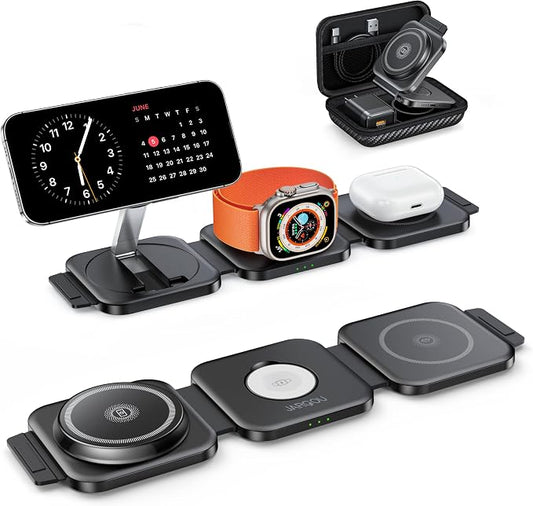JARGO 3 in 1 Wireless Charging Station for Apple Devices, Foldable iPhone Charging Station for iPhone 17/16/15/14/13/12, Apple Watch & AirPods with Magsafe (Magnetic Black)