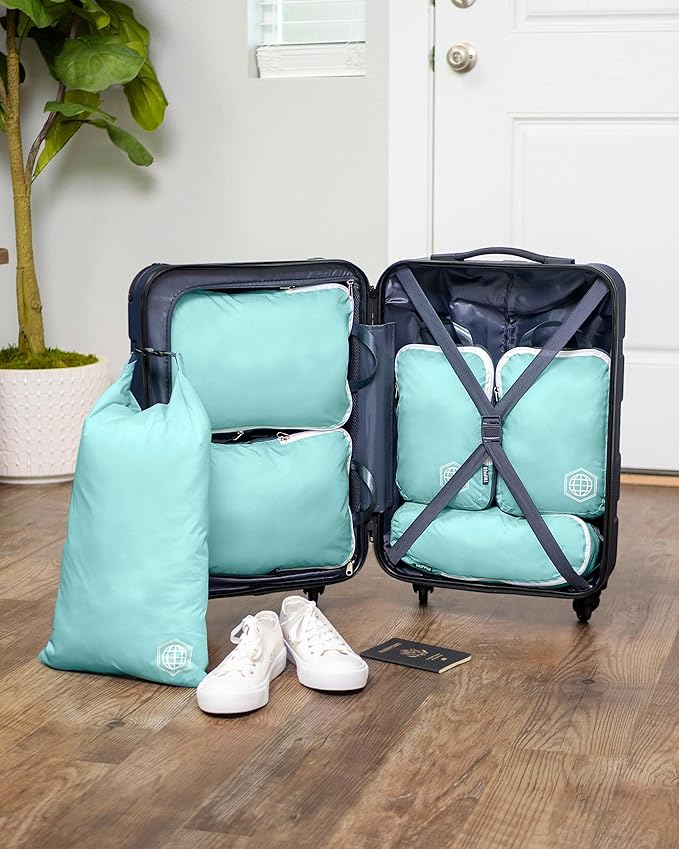 Compression Packing Cubes for Travel, 6-Piece Lightweight Packing Cubes Set for Carry-On Luggage & Backpacks – TRIPPED Travel Gear (Dusty Teal/White)