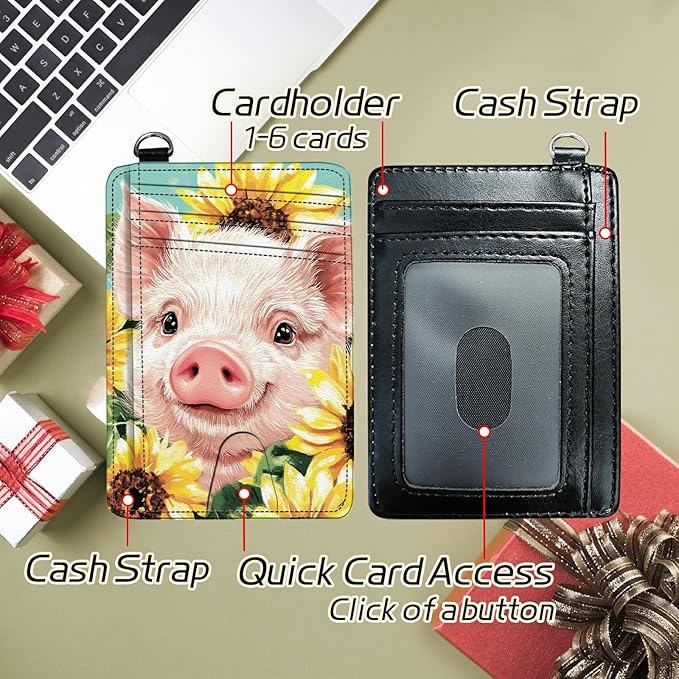 Small Travel Wallets, Pig Sunflowers Slim Minimalist Front Pocket Wallet with Wristlet, RFID Blocking PU Leather Credit Card Holder with ID Window Change Purse for Men Women