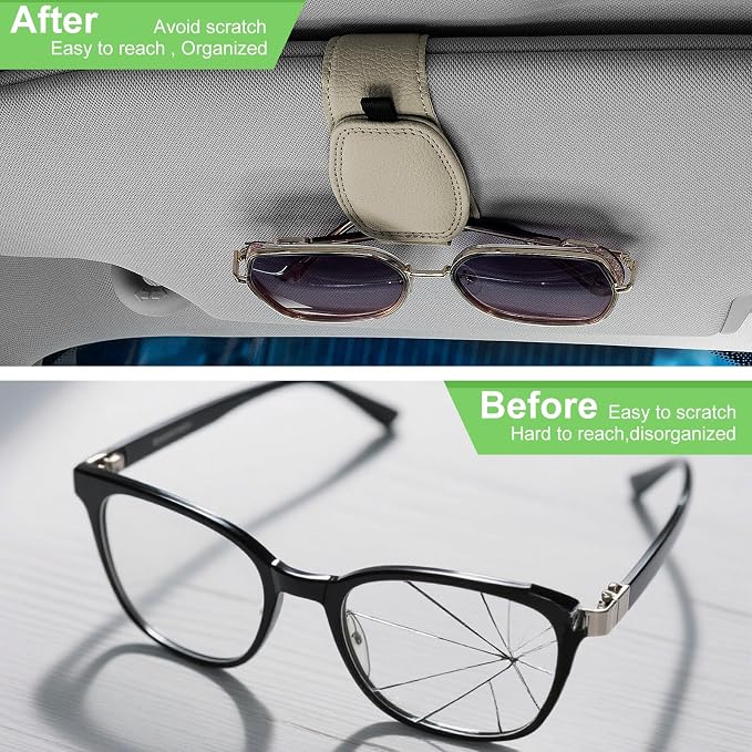 2 Pack Magnetic Leather Sunglasses Holder For Car，Car Visor Accessories And Ticket Card Clip，Fit Different Size Eyeglasses (Beige)