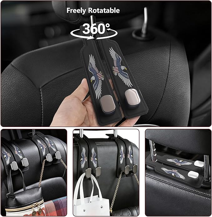 Car Seat Headrest Hooks, Leather Car Bag Purse Holder with Double Metal Hooks for Handbags, Double Hook Car Seat Hooks for Hanger Purses and Bags