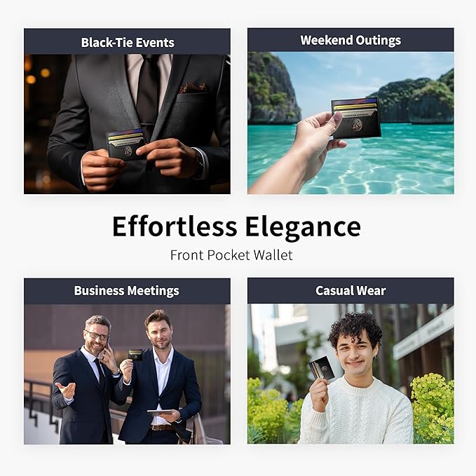 6 Card Minimalist Wallet for Men & Women - Genuine Leather Ultra Thin Black Credit Card Holder - Compatible with Amex Cards