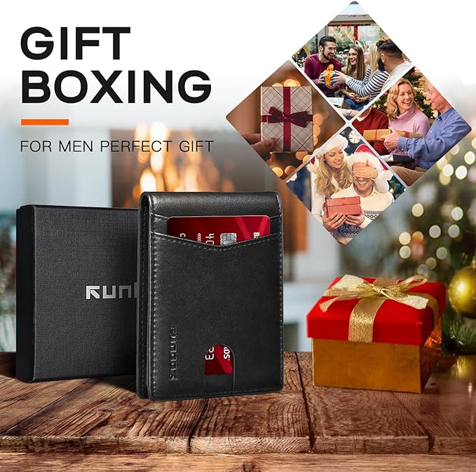 RUNBOX Wallet for Men Slim Leather Bifold RFID Blocking Minimalist Front Pocket Design with Gift Box