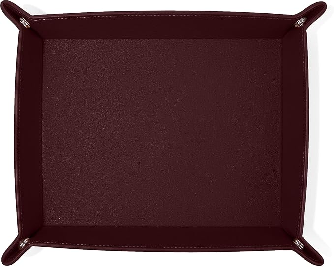 Leatherology Bordeaux Leather Rectangle Valet Tray – Sleek Catchall Organizer for Desk, Nightstand, or Entryway – Snap Design with Stitched Edge Detailing